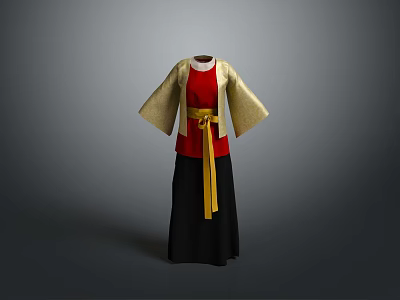 Traditional Clothing Red Top Gold Wide Sleeve Overcoat Yellow Belt Black Skirt 3d model