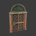 Antique Wooden Double Doors With Arched Green Lattice Top And Geometric Carvings