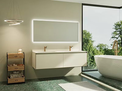 Modern Bathroom Vanity With Illuminated Mirror Wooden Shelf Green Floor And Bathtub View 3d model