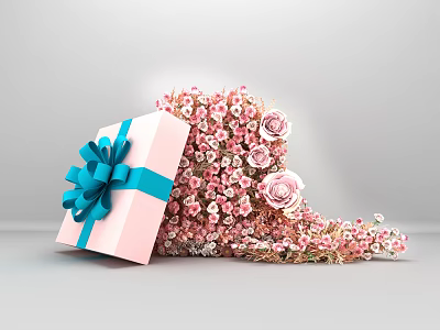 Pink Gift Box With Blue Bow And Scattered Pink Flower Petals 3d model
