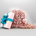 Pink Gift Box With Blue Bow And Scattered Pink Flower Petals