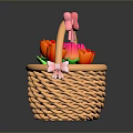 Woven Basket Bonsai Plant With Pink Bow Red Pink Tulips And Green Leaves