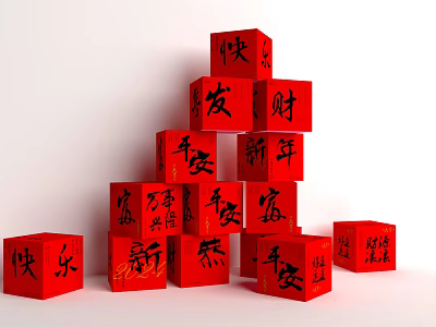 Chinese New Year Red Cubes With Lucky Blessing Characters And Wishes 3d model