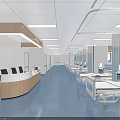 Modern Hospital Ward Interior With Blue Flooring White Beds And Nurse Station