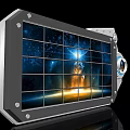 Metal Framed Mechanical Grid Screen Displaying Space Nebula Stars Orange Glow And Reflective Base