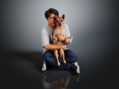 Man Sitting On Floor Holding Dog Wearing White T-Shirt And Blue Jeans Against Gray Background 3d model