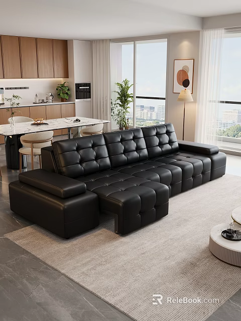 Luxury Black Leather Sofa And Modern Coffee Table Combination For Cozy Contemporary Living Room 3d model 
