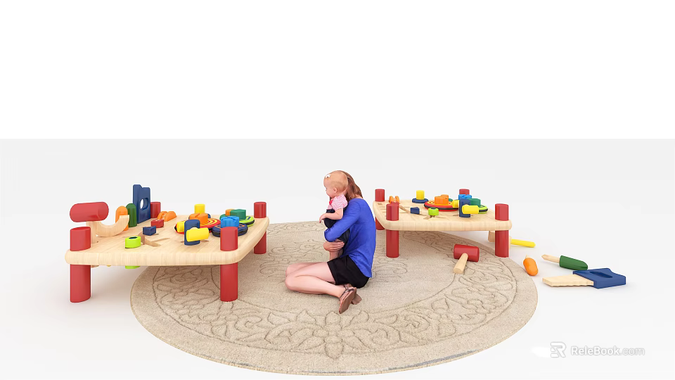 Two Kids Tables with Colorful Blocks and Child Playing on a Rug 3d model 