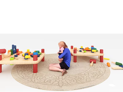 Two Kids Tables with Colorful Blocks and Child Playing on a Rug 3d model