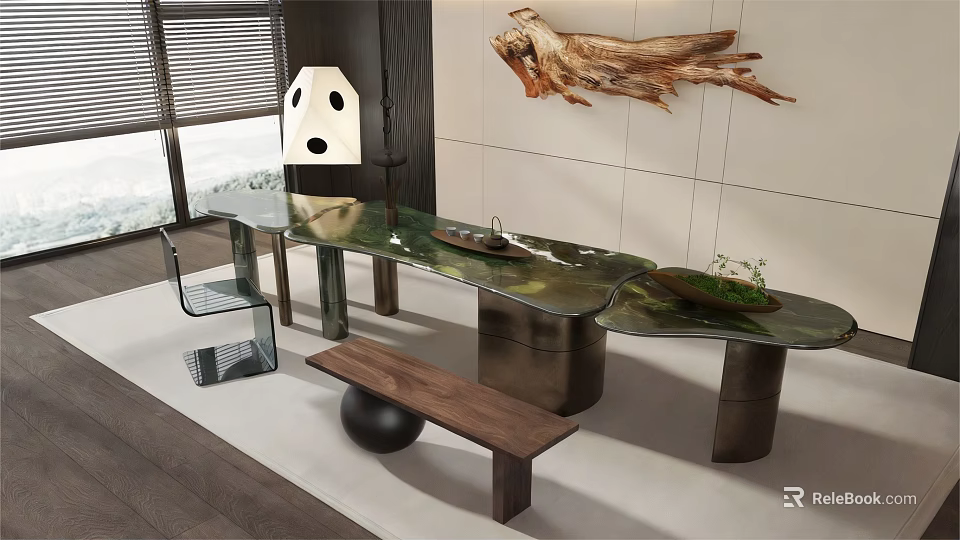 Modern Tea Table And Transparent Chair With Metal Legs Wooden Bench Driftwood Decoration 3d model 