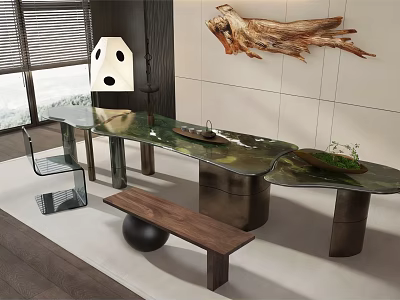 Modern Tea Table And Transparent Chair With Metal Legs Wooden Bench Driftwood Decoration 3d model