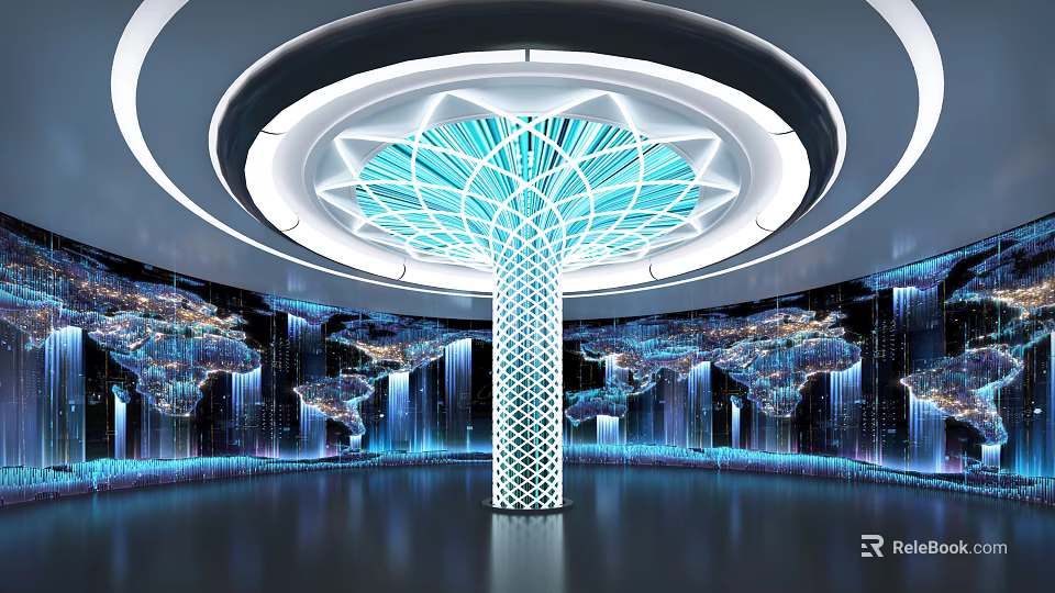 Modern Digital Exhibition Hall With Central Column Tree Shaped Lighting And World Map Screens 3d model