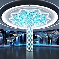 Modern Digital Exhibition Hall With Central Column Tree Shaped Lighting And World Map Screens 3d model