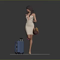 Elegant Woman In Beige Dress Holding Brown Handbag Near Blue Suitcase On Geometric Patterned Carpet