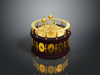 Intricate Golden Decorative Artifact With Dark Red Octagonal Base Spheres Rings And Symbols 3d model