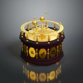 Intricate Golden Decorative Artifact With Dark Red Octagonal Base Spheres Rings And Symbols
