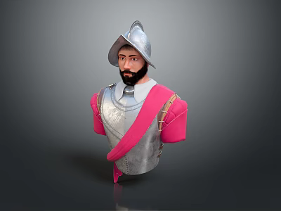 Medieval Male Bust In Silver Armor With Pink Cape And Helmet 3d model