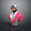 Medieval Male Bust In Silver Armor With Pink Cape And Helmet