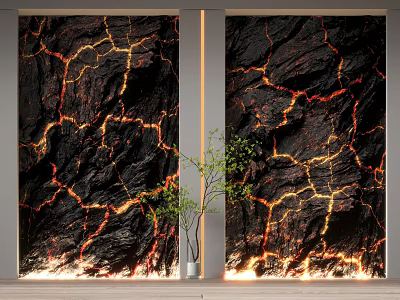 Stunning Black Wall With Cracked Lava Texture Red Yellow Patterns And Green Plant White Vase 3d model
