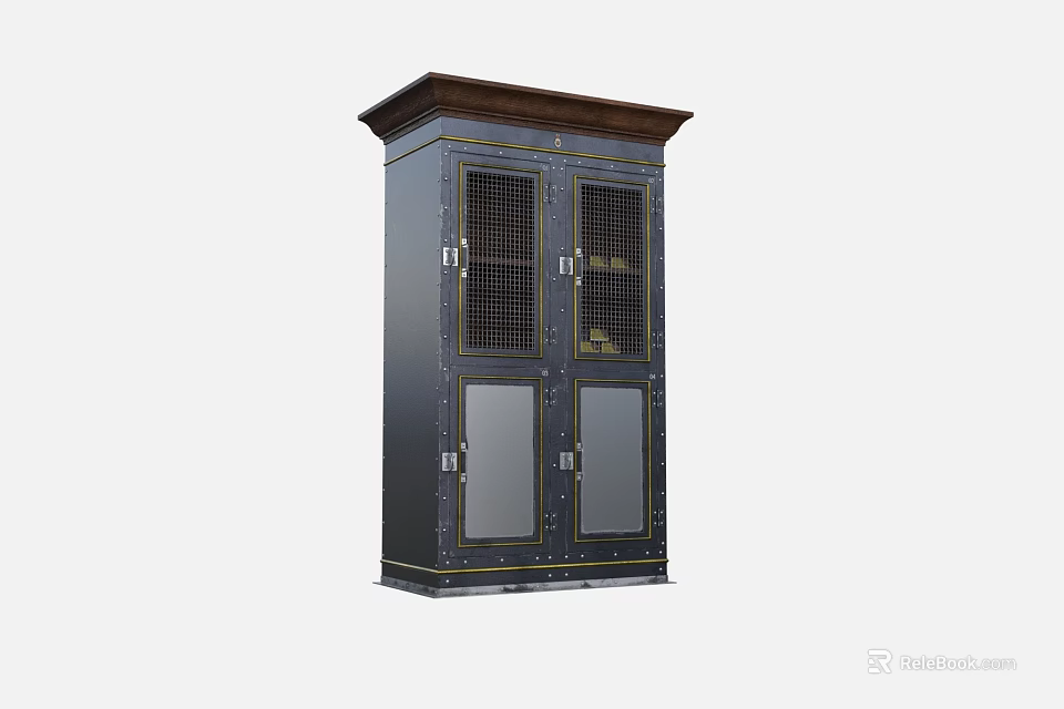 Dark Colored Decorative Cabinet With Glass Doors And Metal Accents Wooden Top 3d model 