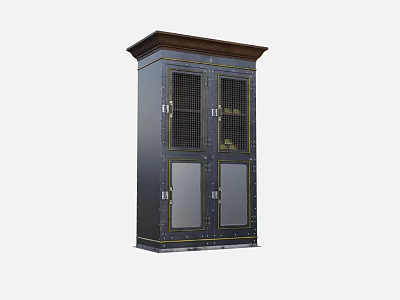 Dark Colored Decorative Cabinet With Glass Doors And Metal Accents Wooden Top 3d model