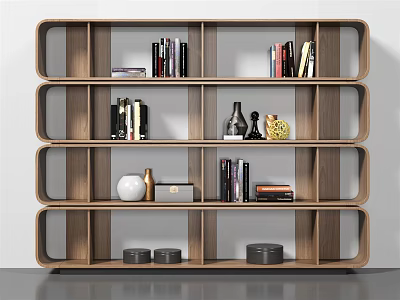 Modern Wooden Multi Tiered Bookcase With Books Decorative Vase Sculptures And Boxes 3d model