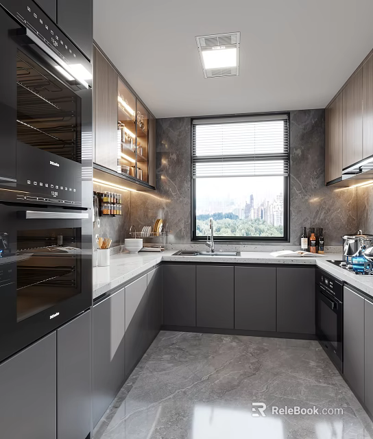 Modern Kitchen Interior With Gray Cabinets White Countertop Window City View And Appliances 3d model 