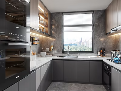 Modern Kitchen Interior With Gray Cabinets White Countertop Window City View And Appliances 3d model