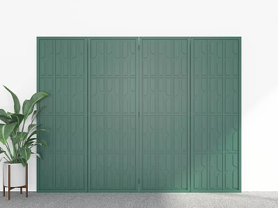 Green Room Divider With Geometric Pattern And Indoor Plant In White Wall Space 3d model