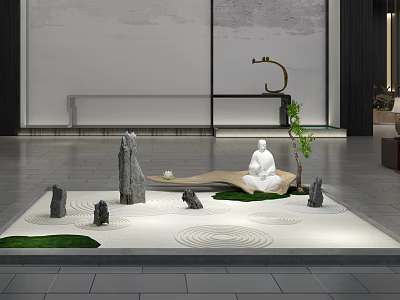 Zen Garden Decorative Piece With Sand Stones Moss Circular Patterns And White Statue 3d model