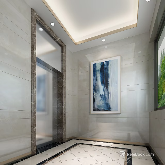 Modern Elevator Hallway With Marble Walls Abstract Painting And Ceiling Lights 3d model