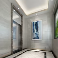 Modern Elevator Hallway With Marble Walls Abstract Painting And Ceiling Lights 3d model