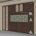 Dark Wood Sideboard with Lattice Doors Green Floral Backsplash LED Lighting and Open Shelves