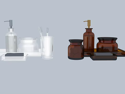 Stylish Bathroom Accessories Including Soap Dispenser Glass Cup And Ceramic Jars 3d model