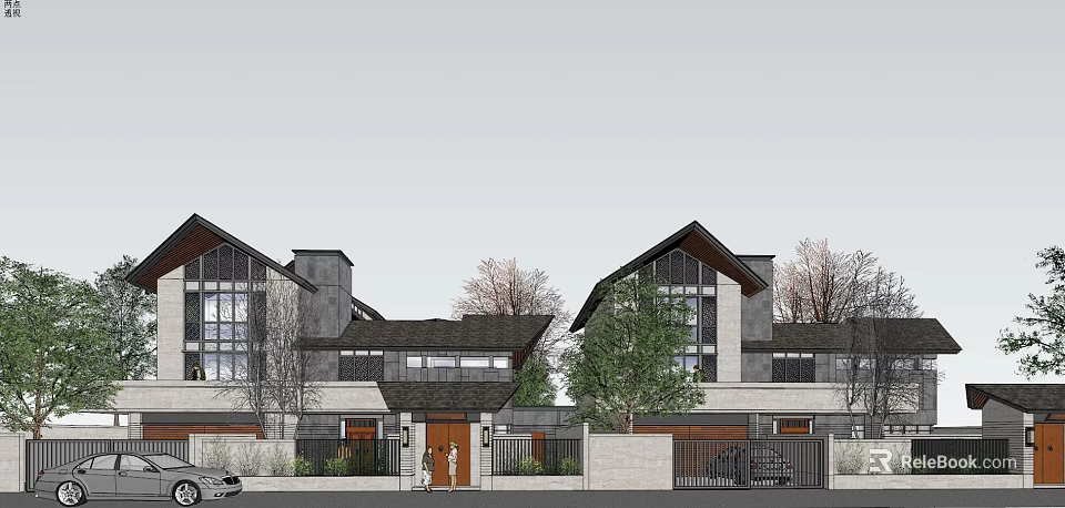 Modern Contemporary Villa Exterior With Gray Roof Glass Windows Wooden Door And Trees 3d model 
