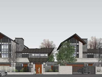 Modern Contemporary Villa Exterior With Gray Roof Glass Windows Wooden Door And Trees 3d model