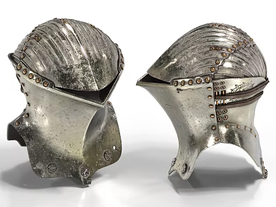 Two Ancient Medieval Metal Helmets Vintage Headgear With Rivet Details Design 3d model