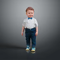 A Man in White Shirt Blue Bow Tie Dark Suspenders Blue Shoes On Gray Background