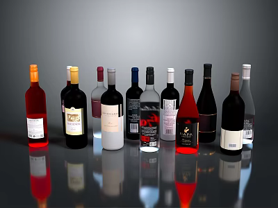 Colorful Wine Bottles Display With Various Types And Labels On Glossy Surface 3d model