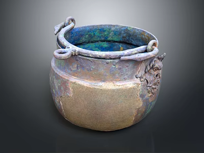 Vintage Bronze Daily Life Container With Double Ring Handles Blue Interior And Patina Texture 3d model