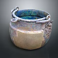 Vintage Bronze Daily Life Container With Double Ring Handles Blue Interior And Patina Texture