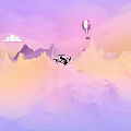 Scenic Purple Pink Sky With Hot Air Balloon Helicopter And Cloudy Mountains