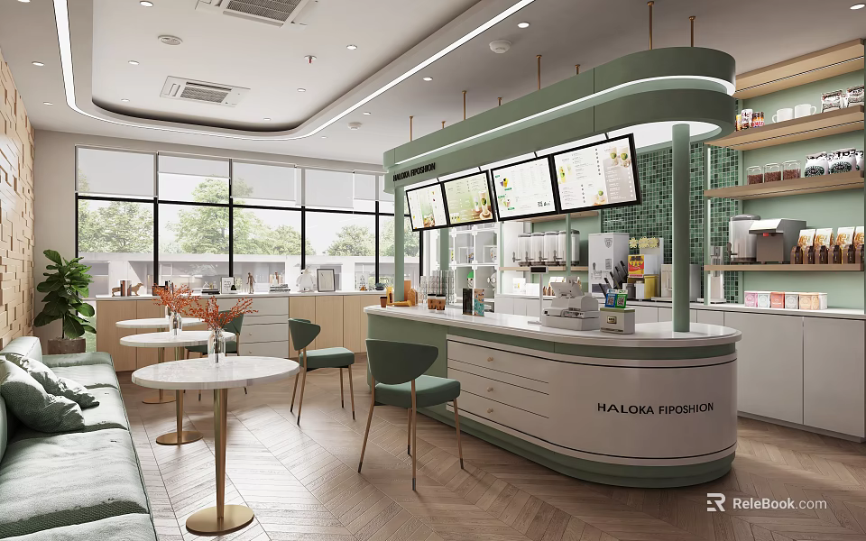 Modern Milk Tea Shop Interior Design With Green Counter Round Tables Windows And Menu Screens 3d model 