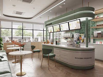 Modern Milk Tea Shop Interior Design With Green Counter Round Tables Windows And Menu Screens 3d model