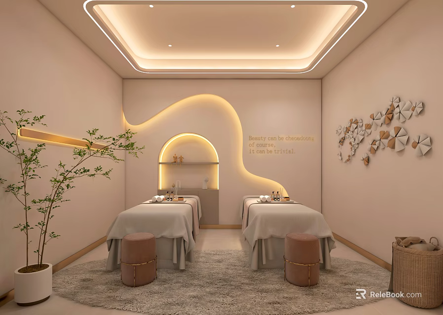 Luxurious SPA Sauna Room with Two Massage Beds Soft Lighting and Wall Decor 3d model 