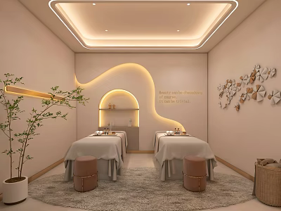 Luxurious SPA Sauna Room with Two Massage Beds Soft Lighting and Wall Decor 3d model