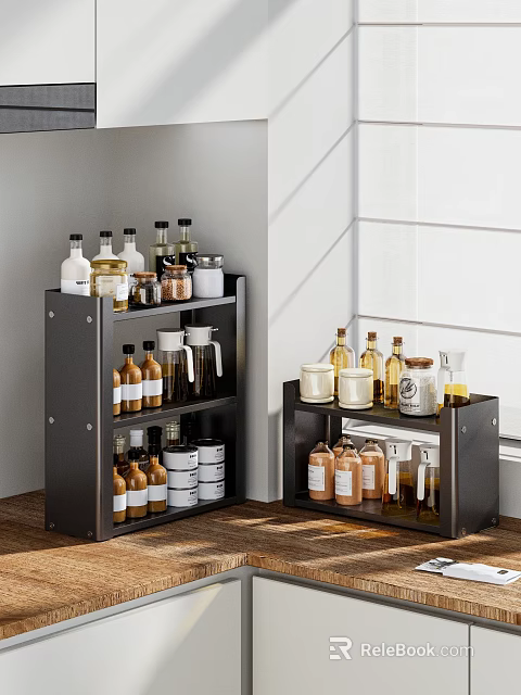 Organized Kitchen Dinnerware Set With Glass Bottles And Jars On Black Storage Shelves 3d model 