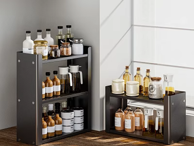 Organized Kitchen Dinnerware Set With Glass Bottles And Jars On Black Storage Shelves 3d model