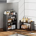 Organized Kitchen Dinnerware Set With Glass Bottles And Jars On Black Storage Shelves