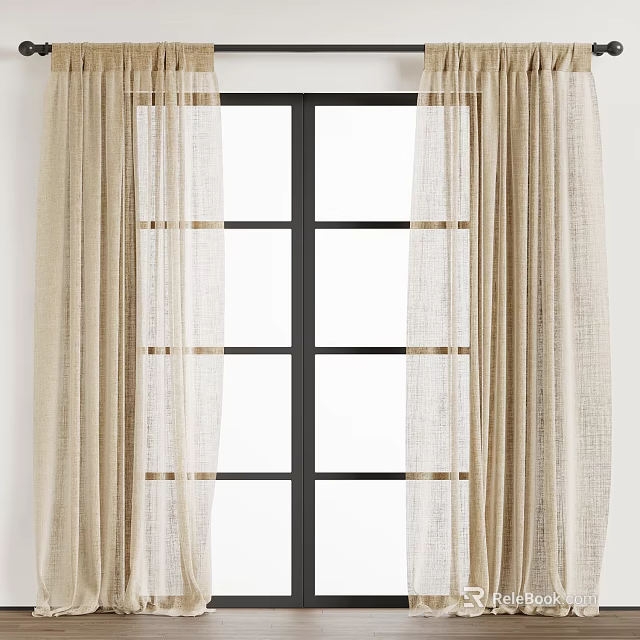 Beige Linen Curtains With Sheer Panels For Black Frame Window Decoration 3d model 